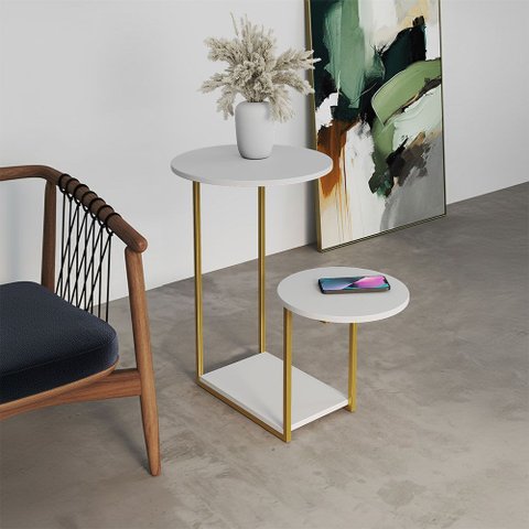 Mesa de Apoio Cibele Dourada Ferro Branco Redondo