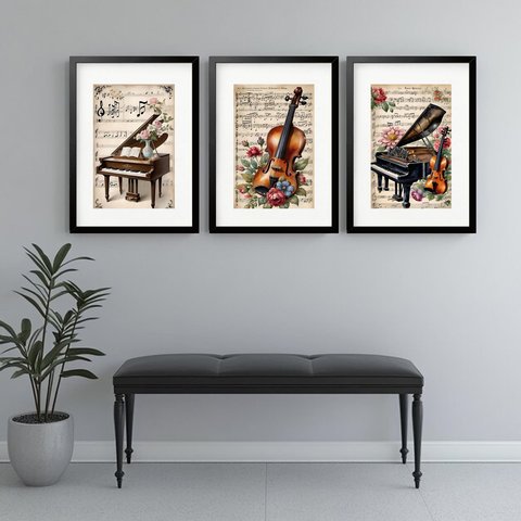 Kit 3 Quadros Grandes Instrumentos Clássicos Flores - 60x48cm:moldura Preta