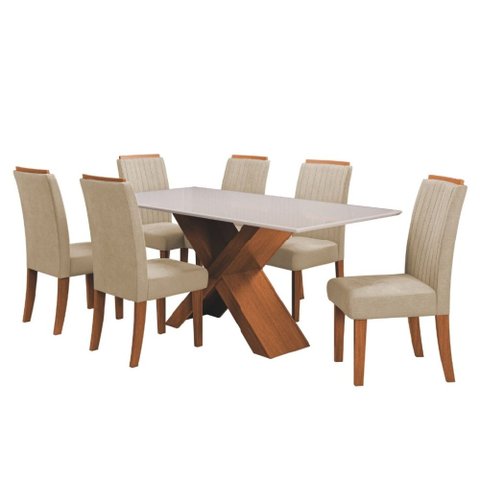Conjunto de Mesa Sala de Jantar Tampo com Vidro 1,80m 6 Cadeiras Grécia Dobuê