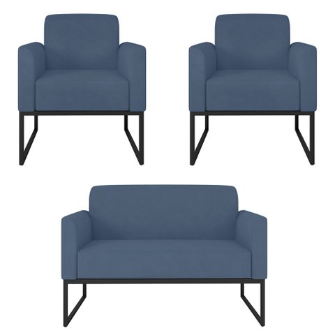 Kit Namoradeira e 2 Poltronas Decorativas Base Industrial Preta Maressa S04 Suede Azul Marinho -
