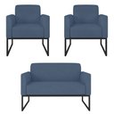 Ver imagem 1 de Kit Namoradeira e 2 Poltronas Decorativas Base Industrial Preta Maressa S04 Suede Azul Marinho -