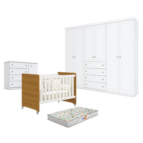 Quarto de Bebê Evolution 4 em 1 6 Portas em MDF-MDP 133cm Branco Acetinado Savana Móveis Henn