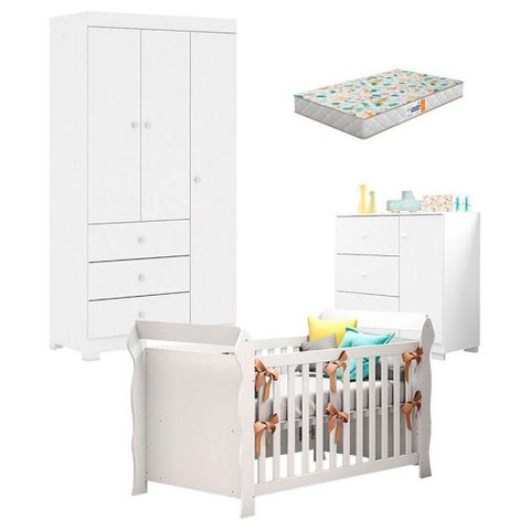 Quarto de Bebê Duda 3 Portas e Berço Americano Lara Branco Brilho com Colchão Gazin - Phoenix