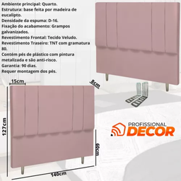 Cabeceira Casal Estofada 140cm Lizz Veludo com Frames:rose - 3