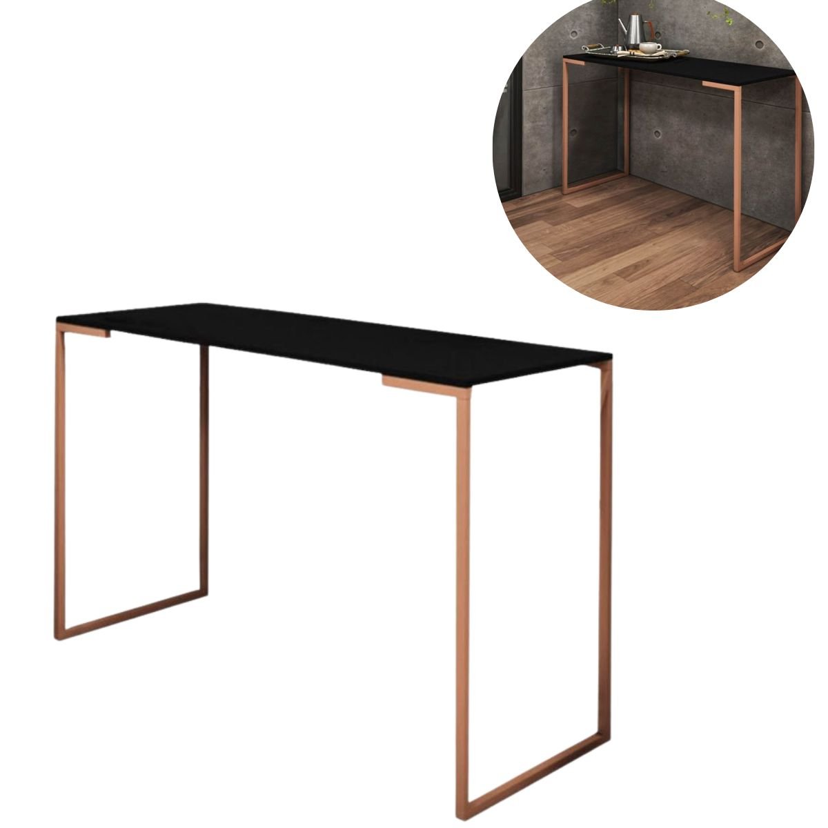 Mesa Escrivaninha 090x0,60 Estilo Industrial Rose Gold com Tampo Preto