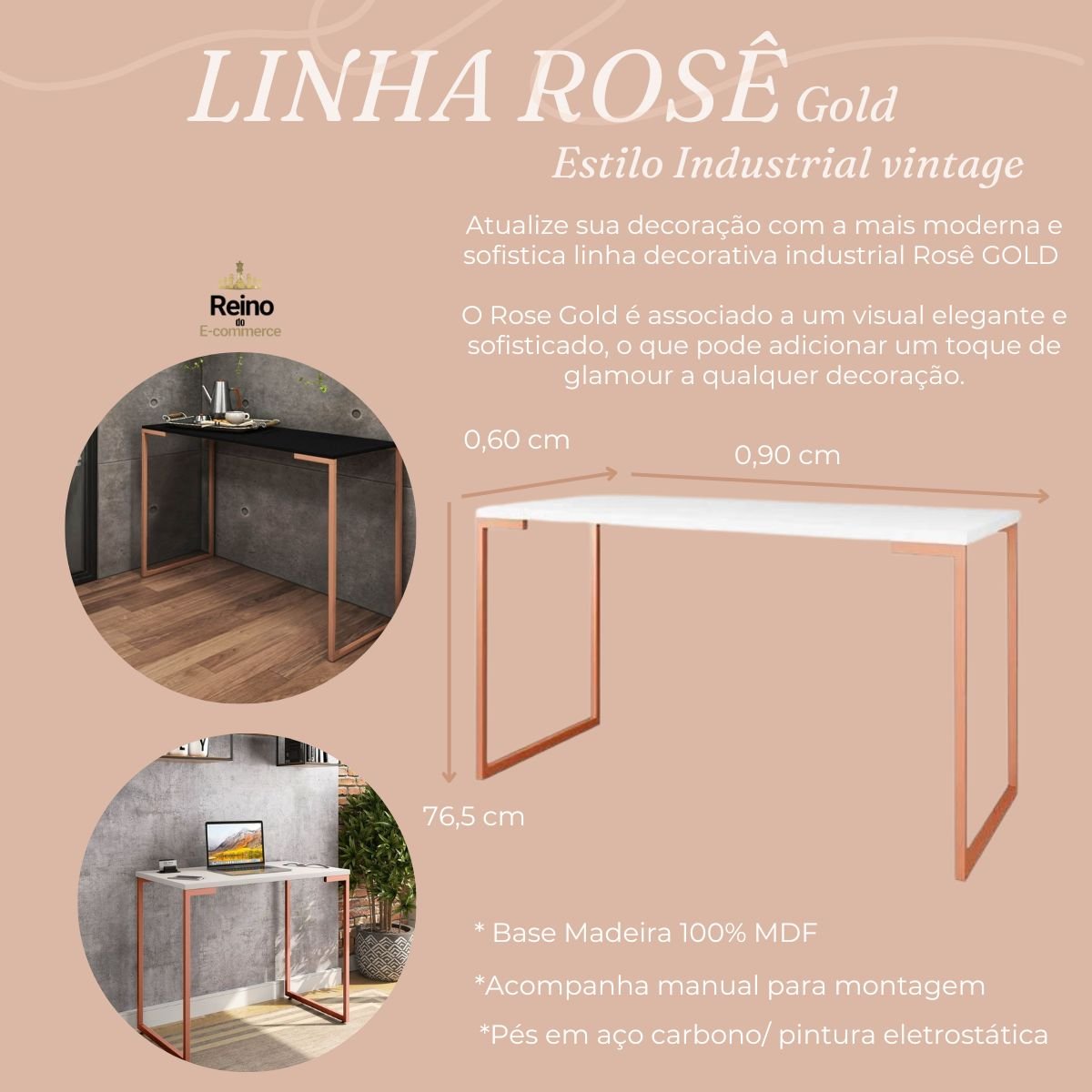 Mesa Escrivaninha 090x0,60 Estilo Industrial Rose Gold com Tampo Preto - 4