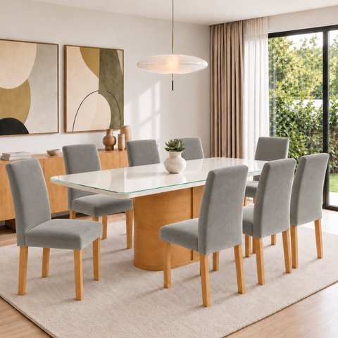Conjunto Sala de Jantar 8 Lugares Retangular Tampo Vidro/MDF 200x90cm Mesa Diana e Cadeiras Espanha