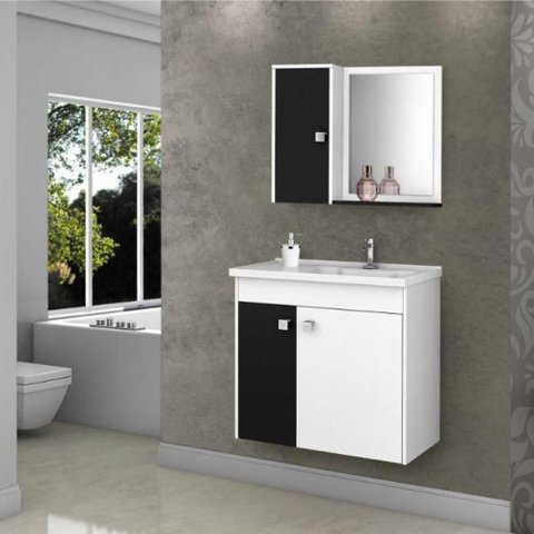 Gabinete com Espelheira para Banheiro Aquarela 3 Portas MDP 56cm Branco Preto