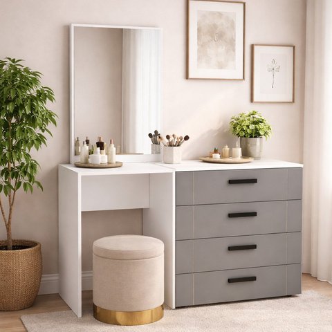 Cômoda Penteadeira 4 Gavetas Lisboa Cinza/Branco