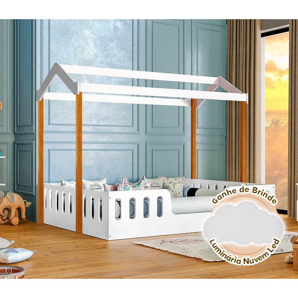 Cama para Criança Infantil Ágatha Casal Casinha Montessoriana Branca/Amêndoa + Luminária Led - 1