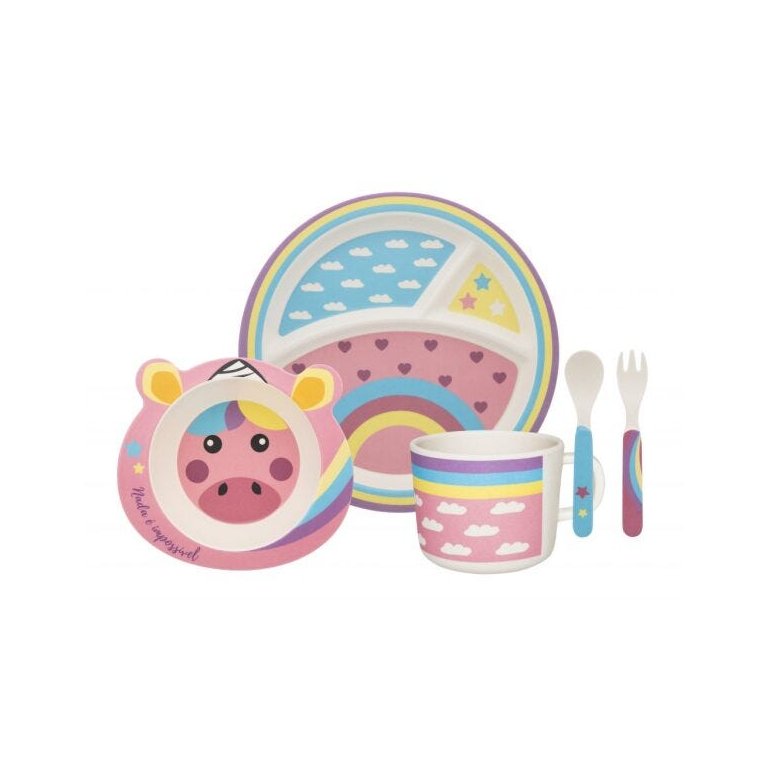 Kit Alimentação Infantil Bebê Unicórnio Oxford Fibra de Bambu