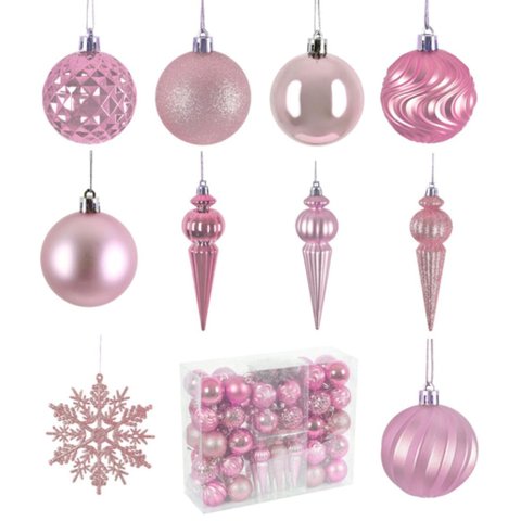 Kit 60 Enfeites Natalinos Rosa Bolas e Pingentes
