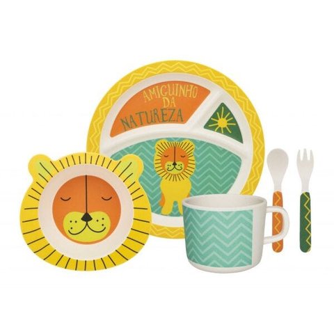 Kit Alimentação Infantil Bebê Leãozinho Oxford Fibra Bambu