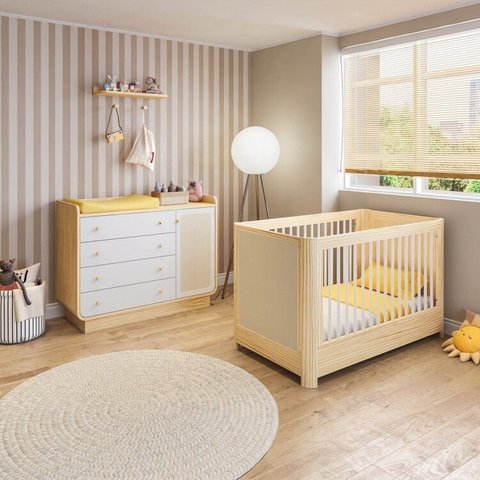 Conjunto Modulado Quarto de Bebê com Berço, Cômoda e Prateleira com Cabideiros Wave Casatema MadeiraOriginals Branco/Marrom