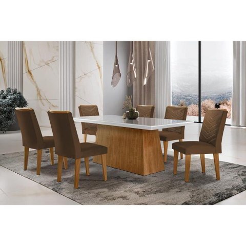 Sala de Jantar Completa Luna C- Tampo Vidro Canto Curvo 180x90cm e 6 Cadeiras Londrina Imbuia-off