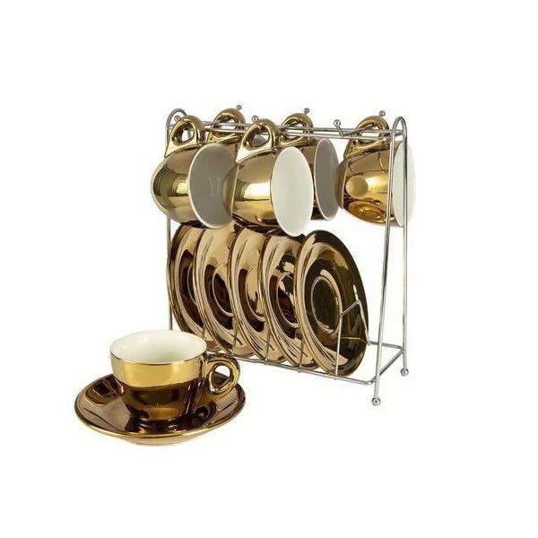 Conjunto de Xicaras para Cafe Chrominno em NEW Bone China 80ML Ouro e Branco com RACK Lhermitage 