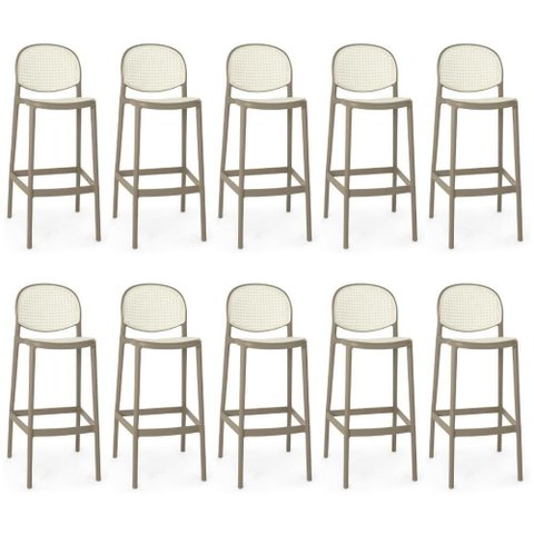 Kit 10 Banqueta Alta com Encosto Roma em Polipropileno - Branco/cinza Escuro