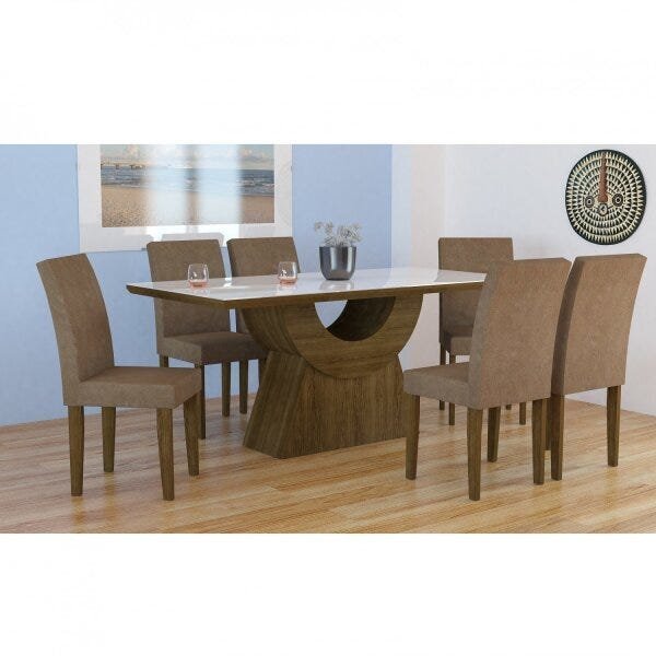 Conjunto Sala de Jantar Mesa Safira 180cm 6 Cadeiras Rufato com Vidro