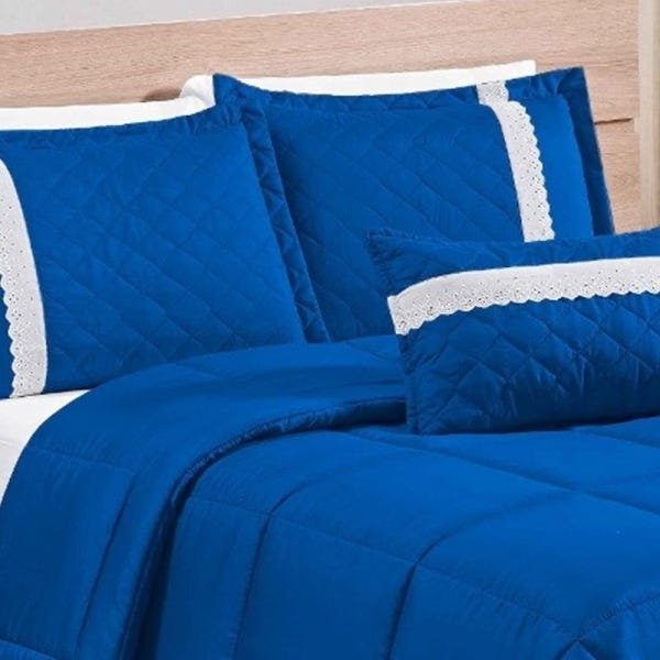 Edredom Casal Queen Cobertor Lençol 06 Peças Oliveira Azul 2,40m X 2,15m Casa Completa Enxovais - 2