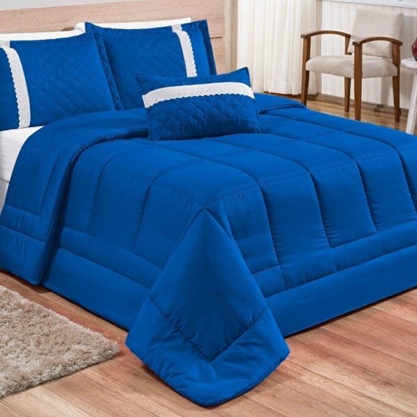Edredom Casal Queen Cobertor Lençol 06 Peças Oliveira Azul 2,40m X 2,15m Casa Completa Enxovais