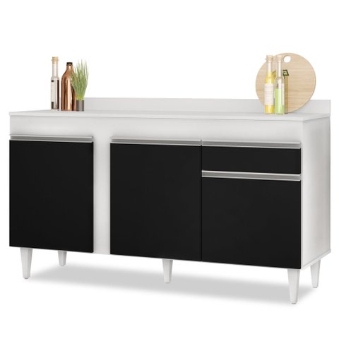 Balcão Gabinete para Pia com Tampo 150cm 3 Portas 1 Gaveta Dakota Branco/Preto - Lumil Lumil Móveis