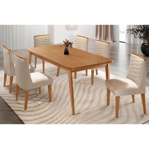 Conjunto: Mesa Sala Jantar Havana Tampo Curvo 180cm+6 Cadeiras Maldivas Madeira Naturale - Capuccino