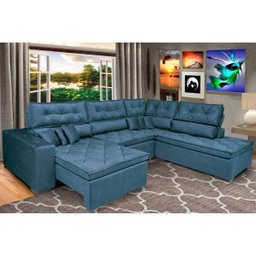 Sofá de Canto Retrátil e Reclinável com Molas Cama Inbox Platinum 3,40x2,36 Tecido Suede Azul - 1