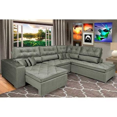 Sofá de Canto Retrátil e Reclinável com Molas Cama Inbox Platinum 3,40x2,36 Tecido Suede Cinza