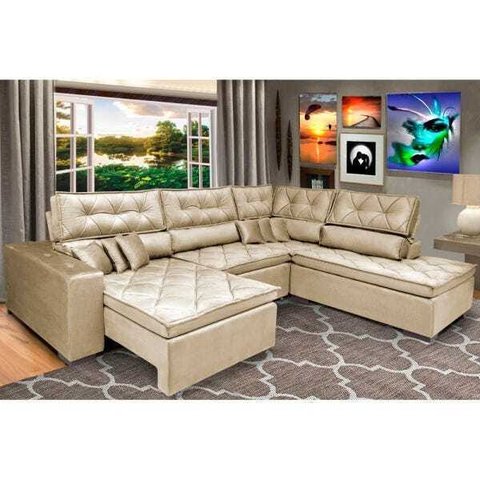 Sofá de Canto Retrátil e Reclinável com Molas Cama Inbox Platinum 3,40x2,36 Tecido Suede Bege