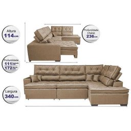 Sofá de Canto Retrátil e Reclinável com Molas Cama Inbox Platinum 3,40x2,36 Tecido Suede Castor - 2