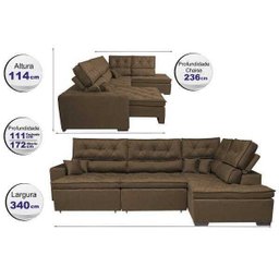 Sofá de Canto Retrátil e Reclinável com Molas Cama Inbox Platinum 3,40x2,36 Tecido Suede Café - 2