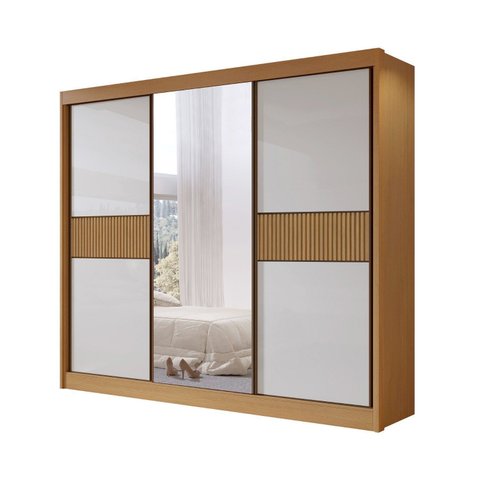 Guarda-roupa Casal Ripado 3 Portas de Correr com Espelho 100% Mdf Cristal