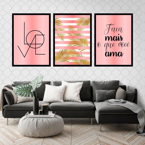 Kit 3 Quadros Love Faça Mais o Que Você Ama 24x18cm - com vidro:Madeira preta