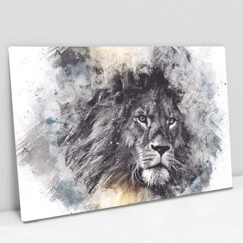 Quadro Decorativo em Canvas Leão Artístico - Moldura Madeira - 120 x 80cm