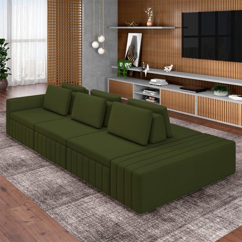 Sofá Ilha com Encosto e Almofadas Móveis Olimpo 425cm Modulado Linho Verde G45 - Gran Belo