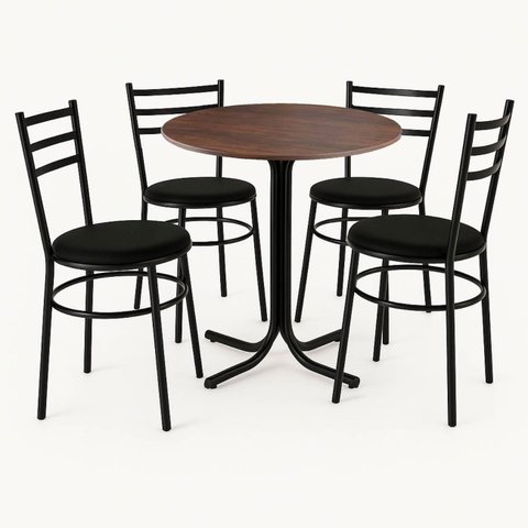 Mesa de Jantar Redonda 80cm Imbuia com 4 Cadeiras Estofada Preta