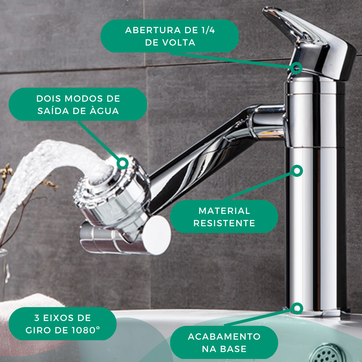 Torneira Banheiro Lavabo Gourmet com Misturador Monocomando Bancada Metal Articulada Cromada Modelo  - 5