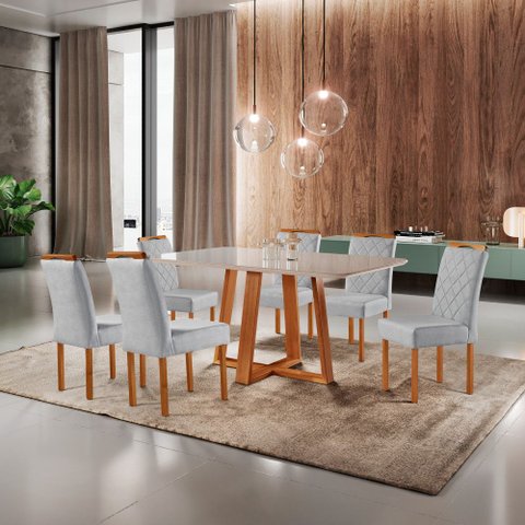 Conjunto Sala de Jantar 6 Lugares Atenas Mesa e Cadeiras Cristal Madeira Maciça Linho Cinza Prata