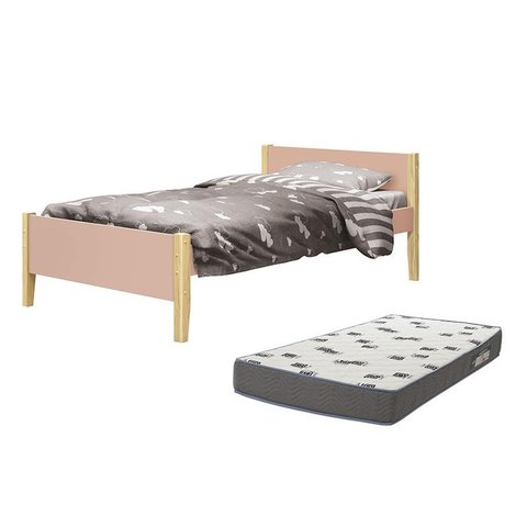 Cama Solteiro Simba Rosa Fosco Pés Madeira Natural com Colchão D33 - Reller Móveis