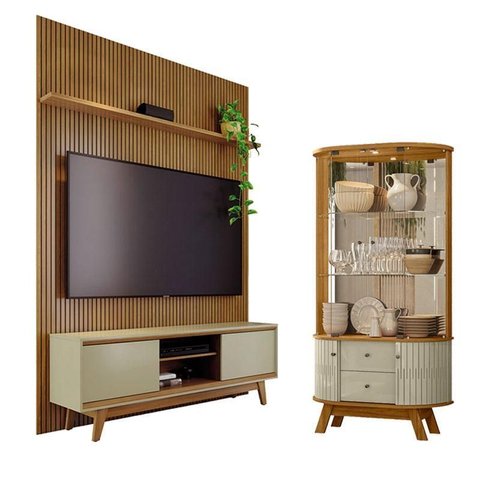 Estante Home Theater com Bancada Suspensa Milo com Cristaleira Moss Cumaru Opala - Madetec