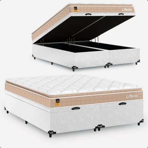 Cama Box Baú Bipartido Queen Couro Branco + Colchão Life D33 Pillow Top 56x158x198cm - Bege