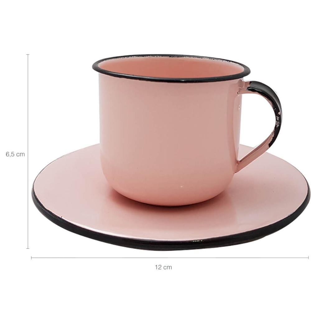 Kit Bule de Café e Chá com 6 Xícaras e Pires Aço Esmaltado Rosa - 5