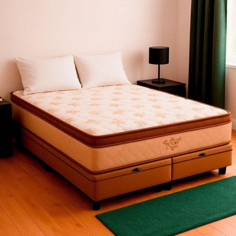 Cama Box Baú Queen Bege e Colchão Victory Molas Vstore