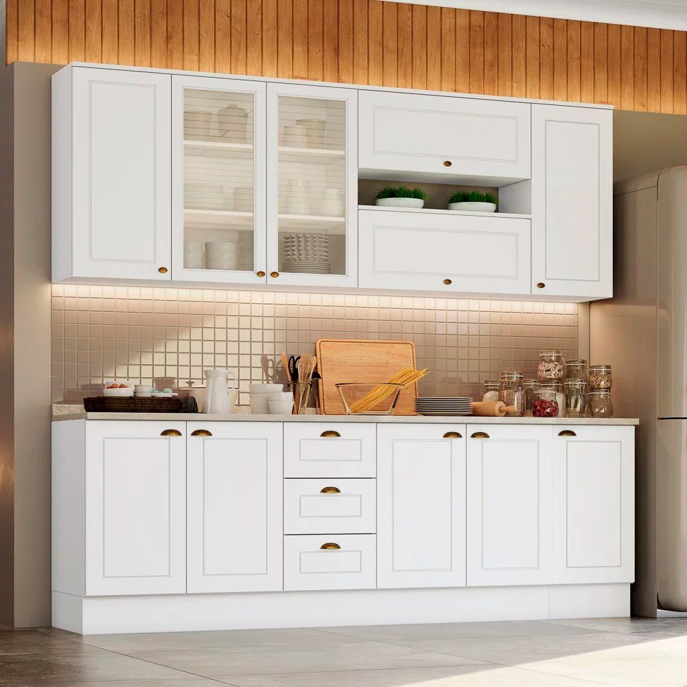 Cozinha Modulada Completa 240cm Com Portas de Vidro 10 Peças Liana H02 Branco HP - Mpozenato - 2
