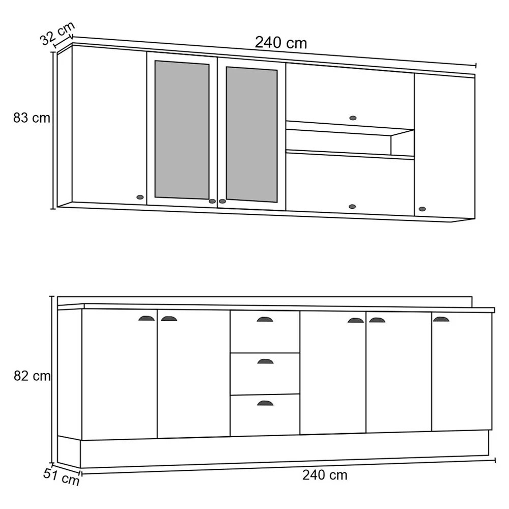 Cozinha Modulada Completa 240cm Com Portas de Vidro 10 Peças Liana H02 Branco HP - Mpozenato - 4