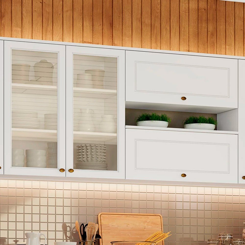 Cozinha Modulada Completa 240cm Com Portas de Vidro 10 Peças Liana H02 Branco HP - Mpozenato - 3