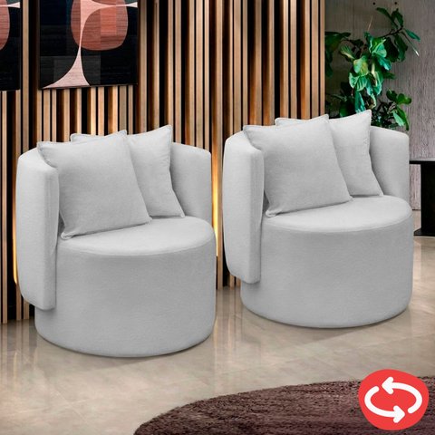 Kit 2 Poltrona Orgânica Base Giratória Maya Boucle Cru Redonda Decorativa - Arkell