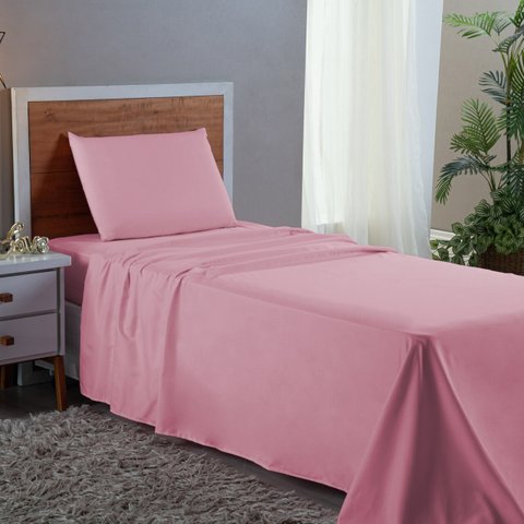 Conjunto Lençol Cama Solteiro 3 Peças 400 com Elástico e Fronha Toque Macio:rose