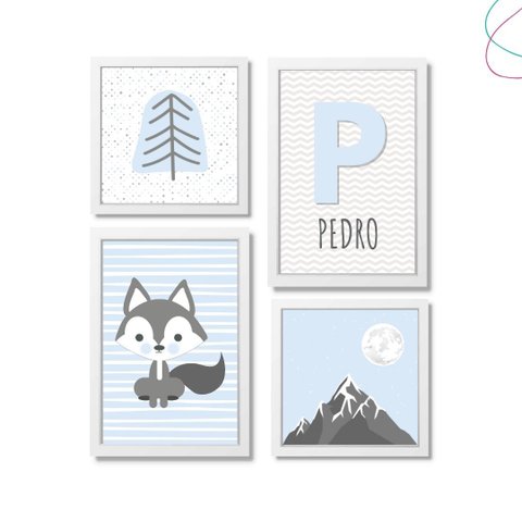 4 Quadros Decorativos Infantil Escandinavo Montanha Lobinho:branca