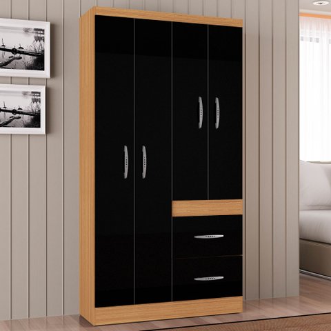 Guarda-Roupa Solteiro Milão 4 Portas 2 Gavetas Damasco/Preto - Poquema